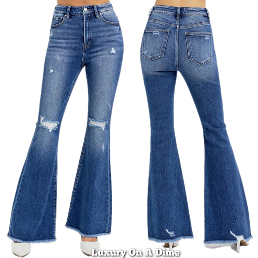 RISEN Flare High-Rise Waist Slim Pants Distressed Tapered Raw Denim Jeans