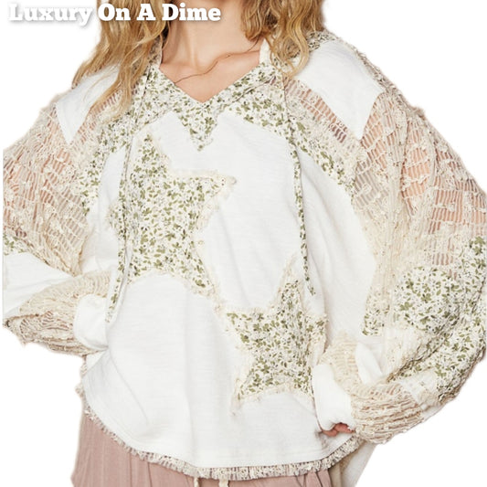 POL Lace Hoodie Star Floral Patchwork Pullover Hippie Top Long Sleeve Boho Shirt