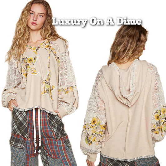 POL Lace Hoodie Star Floral Daisy Patchwork Pullover Top Long Sleeve Boho Shirt