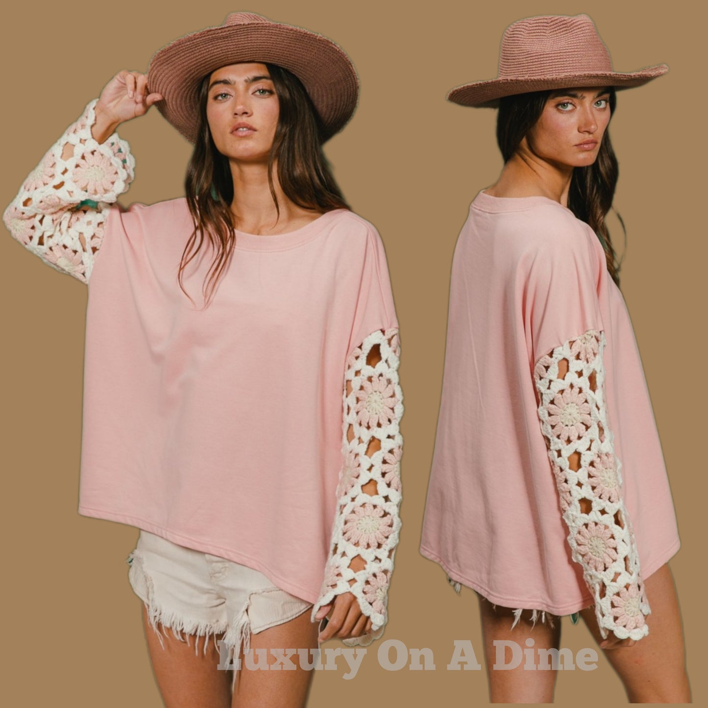 BiBi Crochet Bohemian Long Sleeve French Terry Shirt Oversized Retro Top