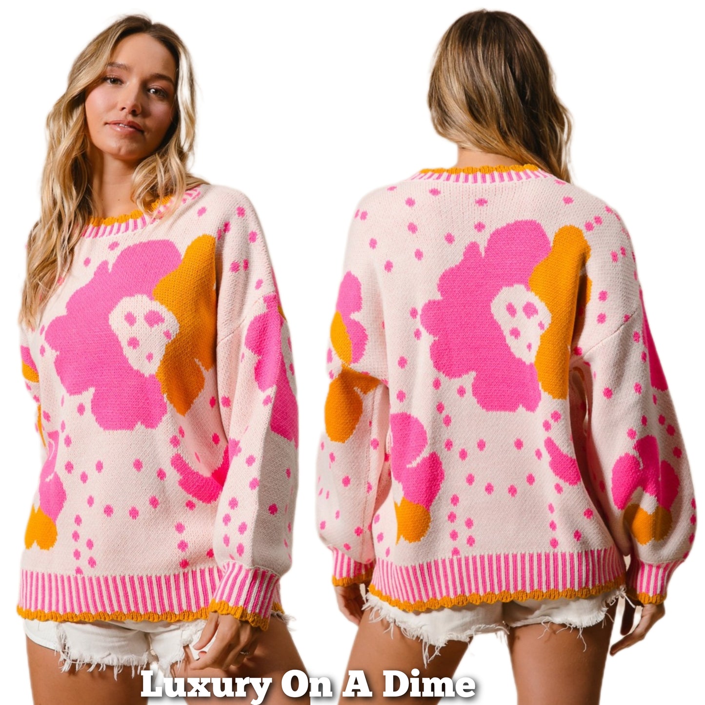 BiBI Contrasting Daisy Retro Flower Top Long Sleeve Pullover Knit Sweater Shirt