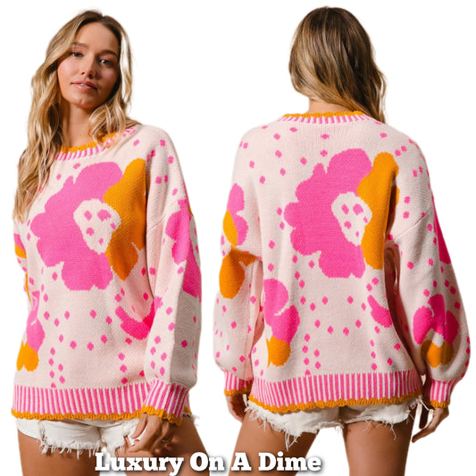 BiBI Contrasting Daisy Retro Flower Top Long Sleeve Pullover Knit Sweater Shirt