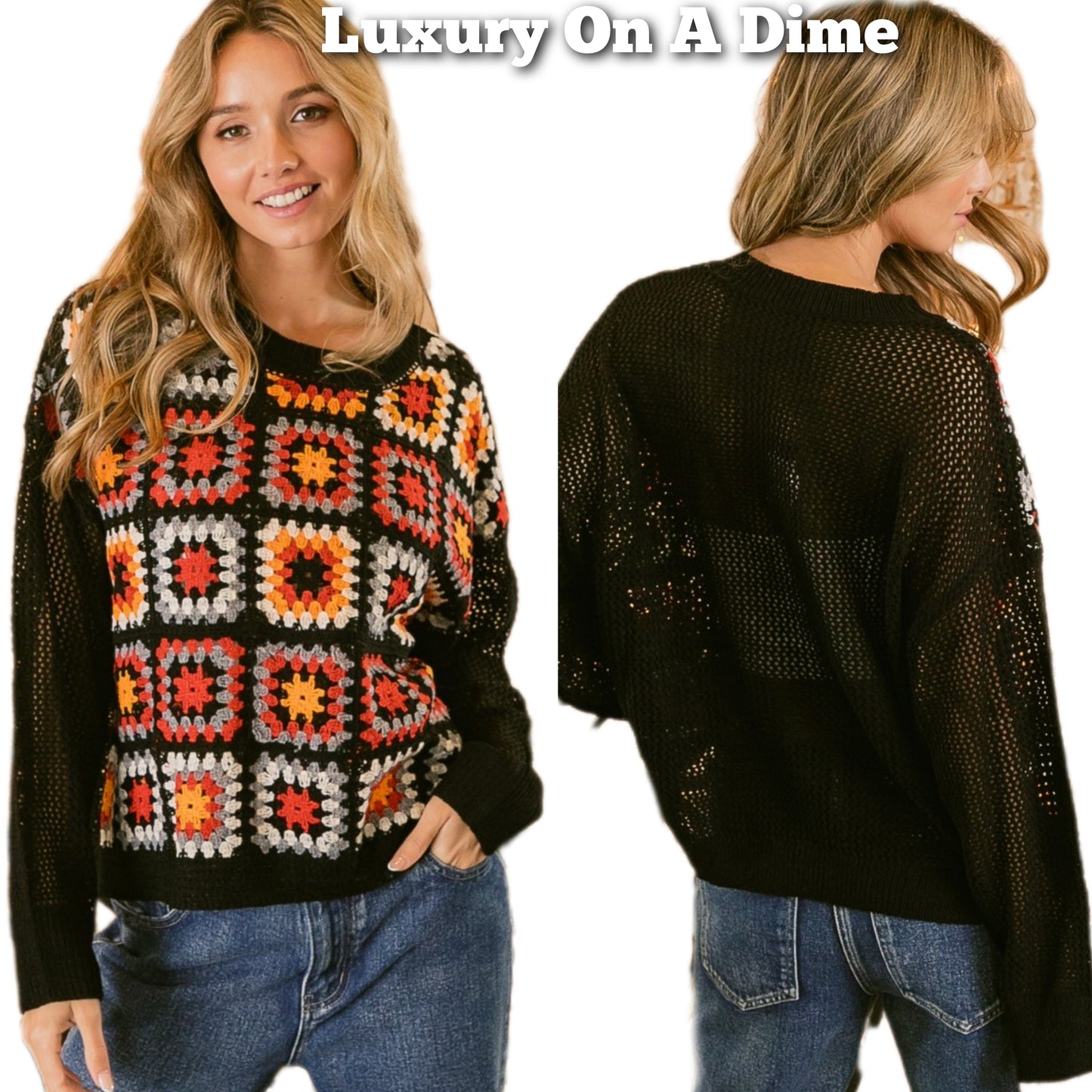 BiBi Crochet Patchwork Top Granny Square Open Knit Pullover Long Sleeve Shirt