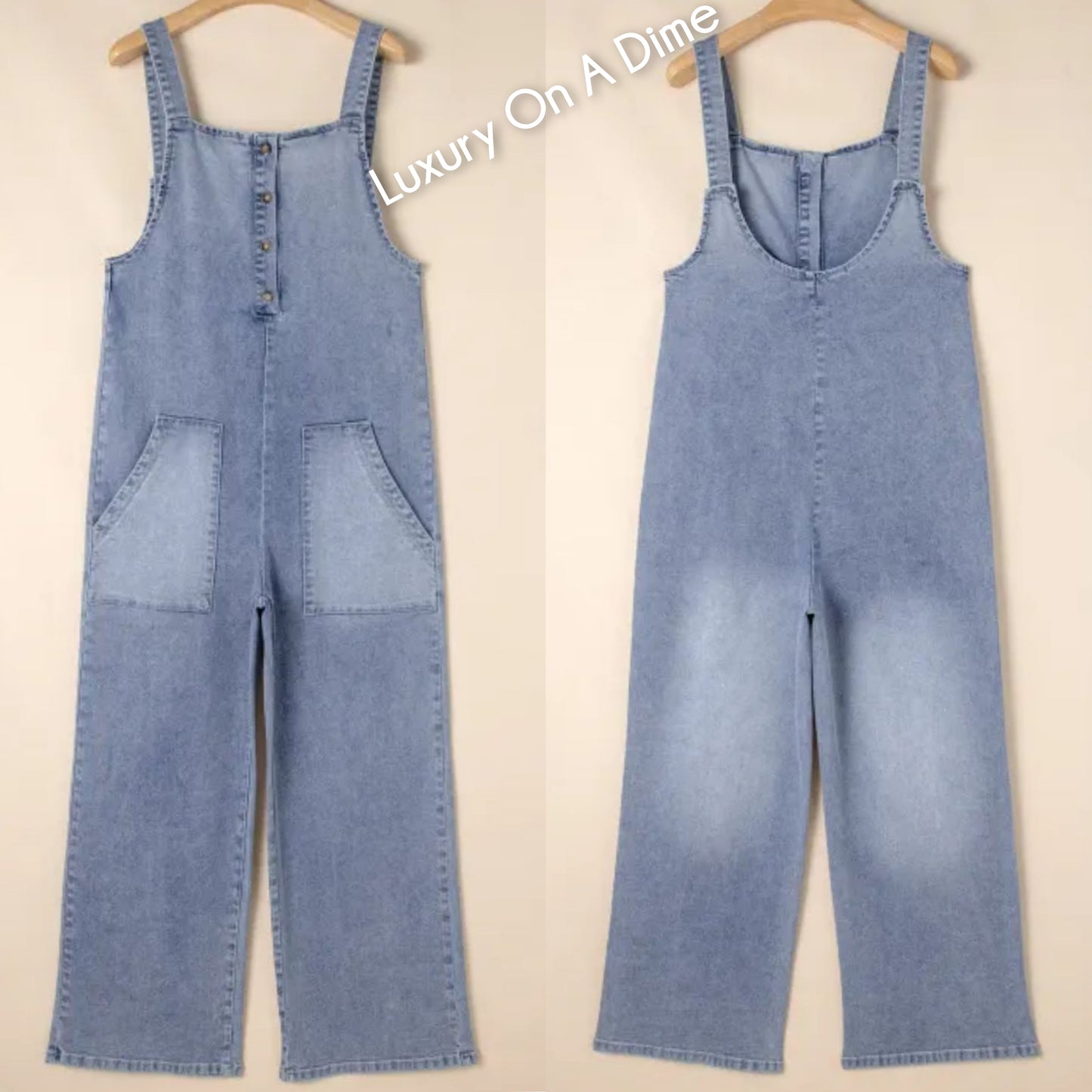 Retro Patch Pocket Denim Wide Leg Sleeveless Buttoned Blue Jean Pant Overalls
