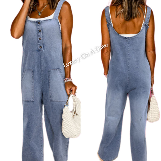 Retro Patch Pocket Denim Wide Leg Sleeveless Buttoned Blue Jean Pant Overalls