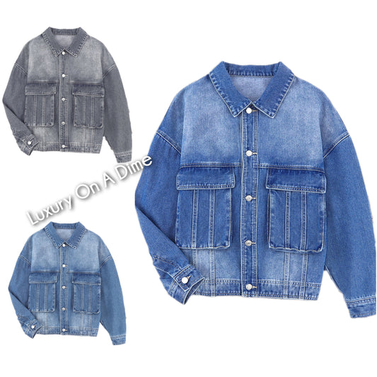 Oversized Denim Jacket Button-Up Collared Retro 90s Boyfriend Heavy Blue Jean