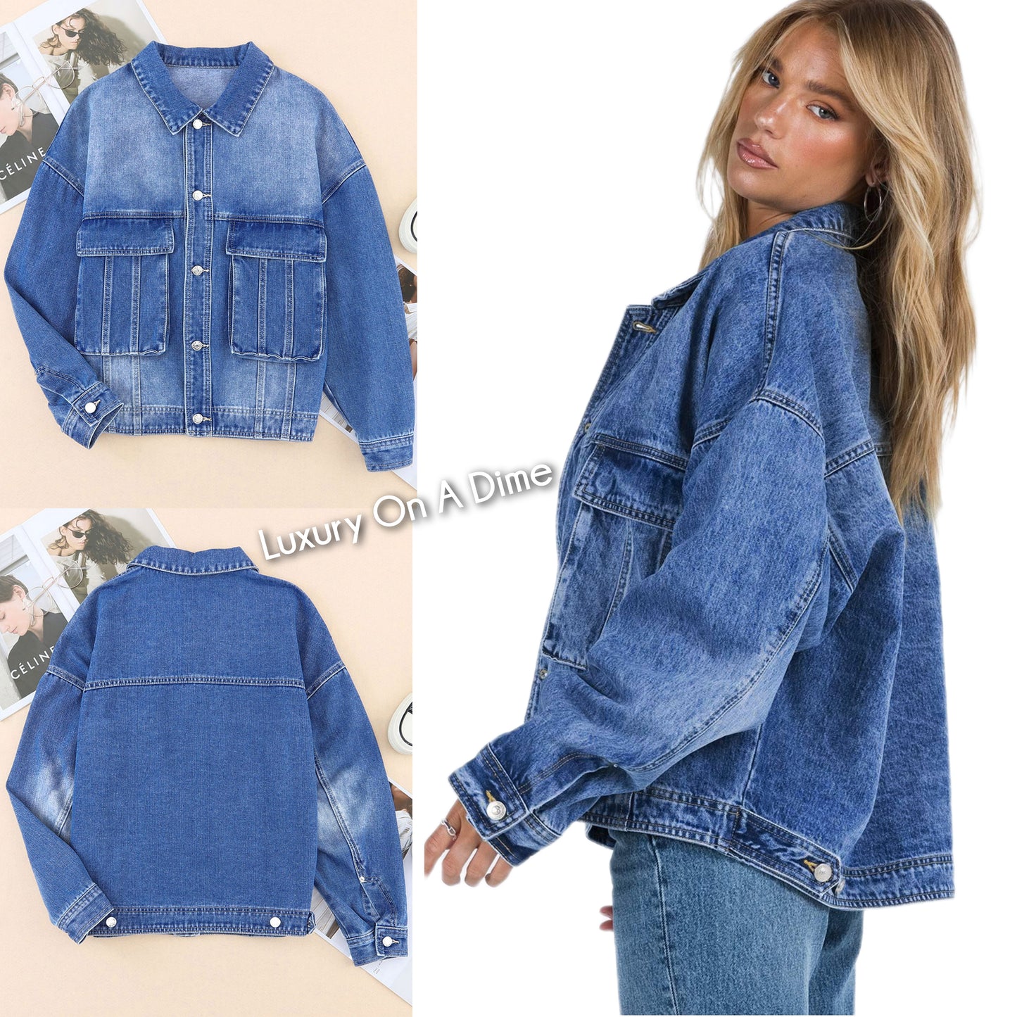 Oversized Denim Jacket Button-Up Collared Retro 90s Boyfriend Heavy Blue Jean