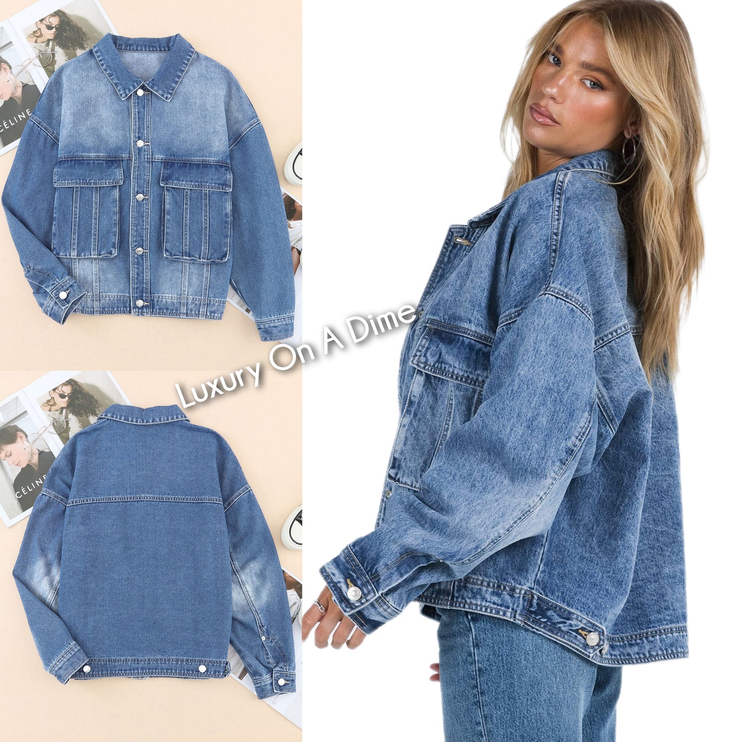Oversized Denim Jacket Button-Up Collared Retro 90s Boyfriend Heavy Blue Jean