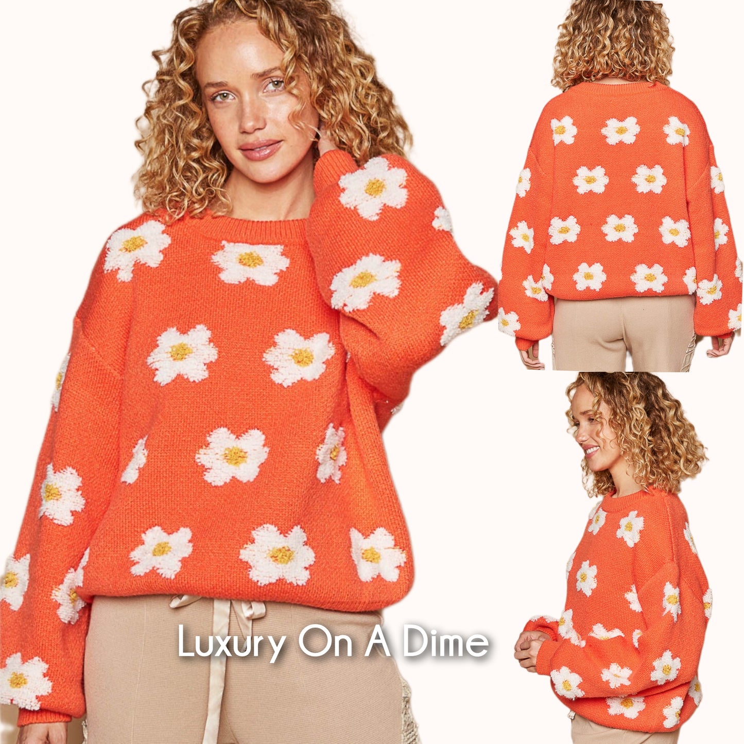 POL Sweater Fuzzy French Terry Daisy Knit Long Sleeve Shirt Oversized Retro Top
