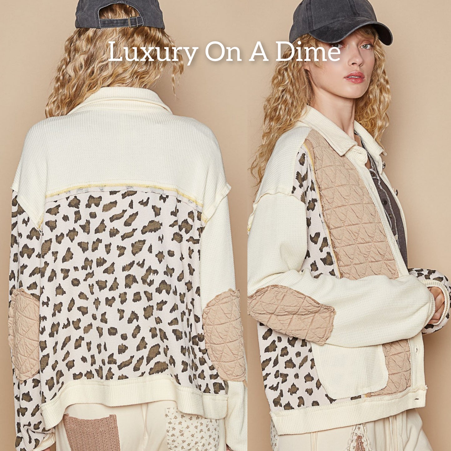 POL Quilted Patchwork Leopard Waffle Knit Exposed Seam Oversized Jacket Cardigan