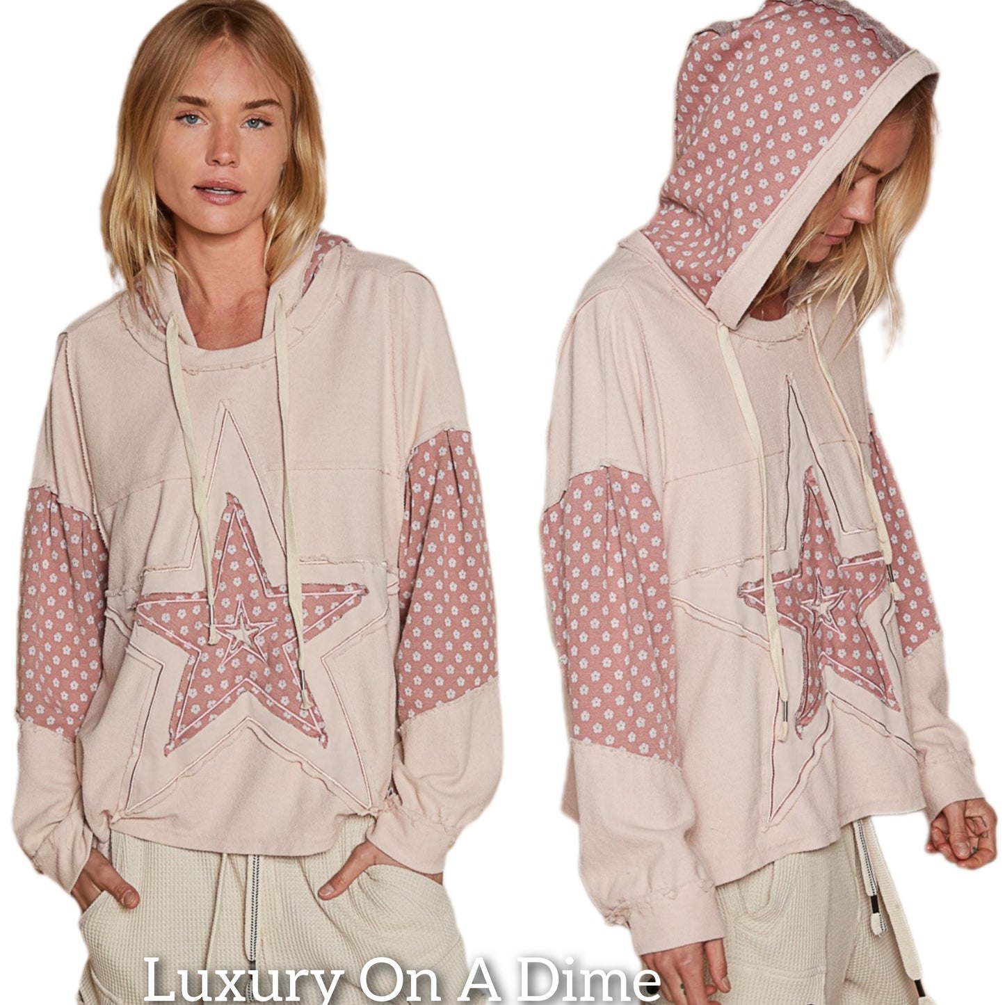 POL French Terry Star Patchwork Hoodie Raw Seam Sweatshirt Oversized Top Hippie Boho Shirt