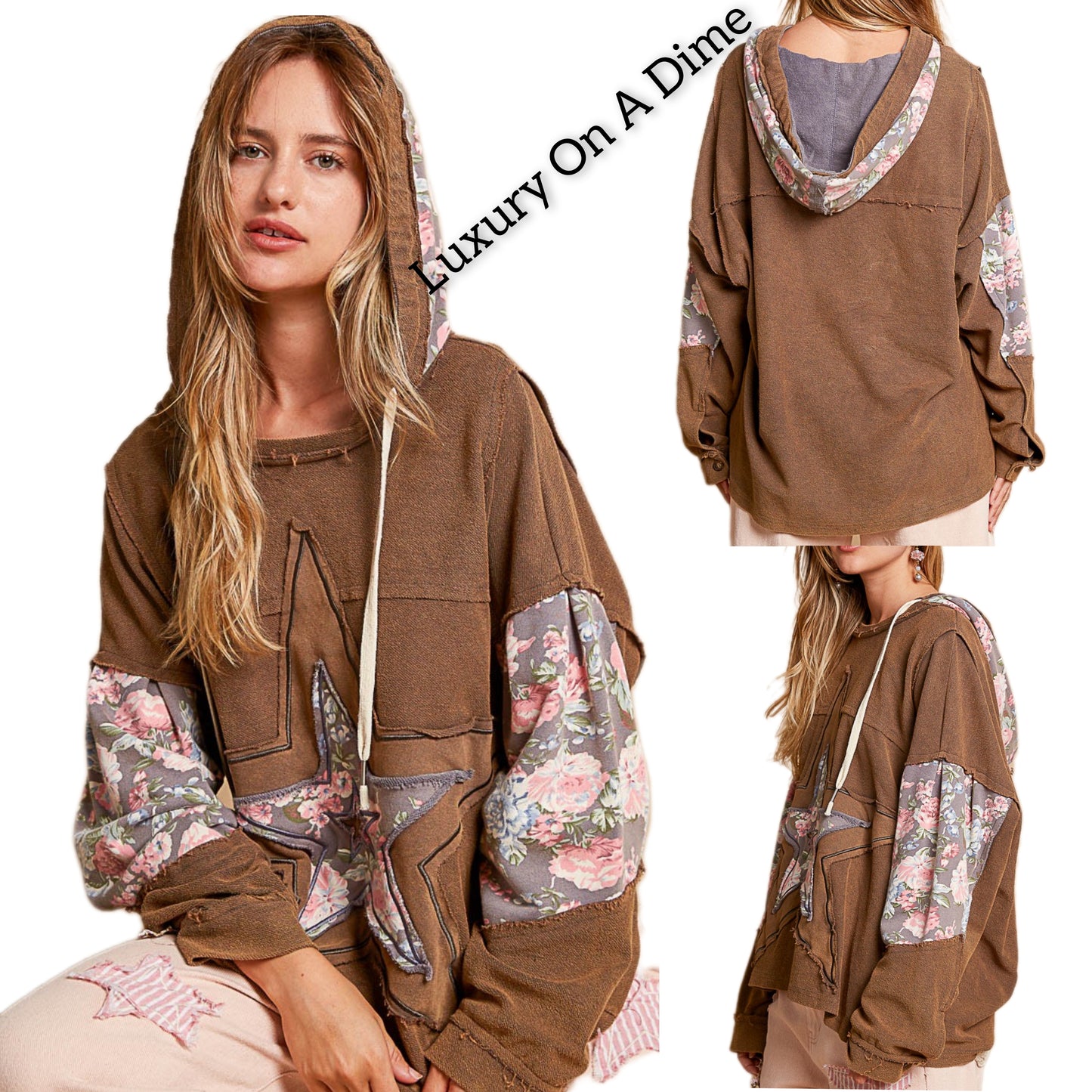 POL Hoodie French Terry Star Patchwork Raw Seam Oversized Top Hippie Boho Shirt