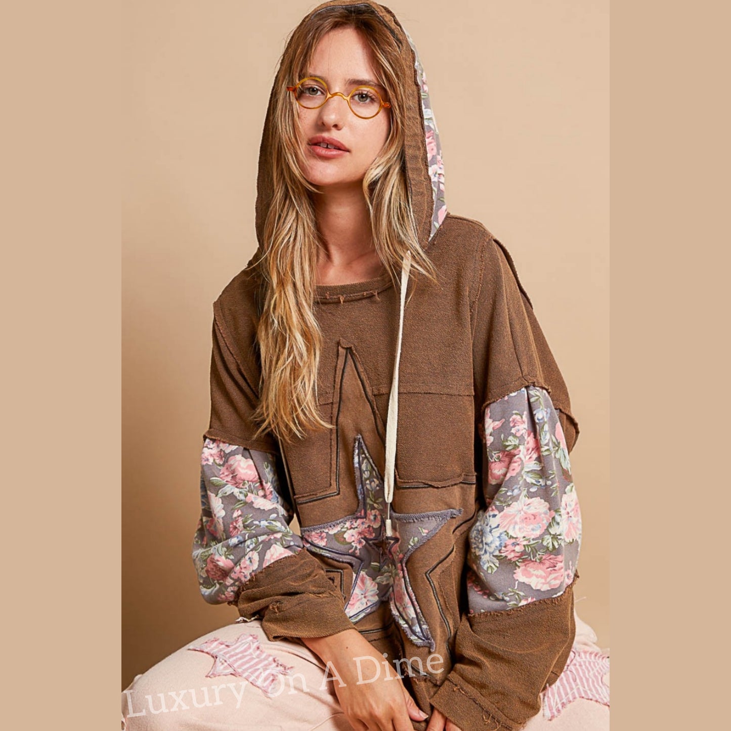 POL Hoodie French Terry Star Patchwork Raw Seam Oversized Top Hippie Boho Shirt