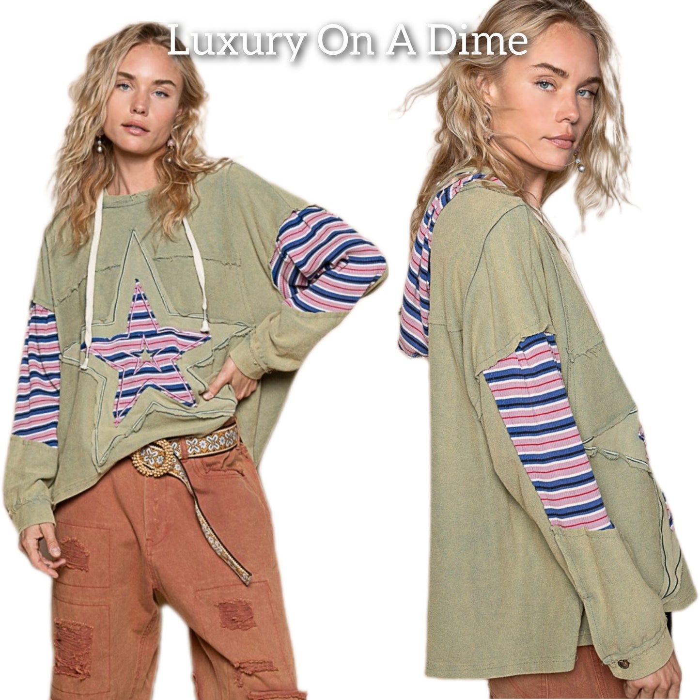 POL Hoodie French Terry Star Patchwork Raw Seam Oversized Top Hippie Boho Shirt