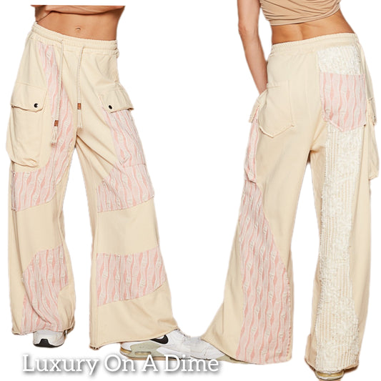 POL Lace Crochet Cargo Pocket Bohemian Patchwork Drawstring Wide Leg Pants