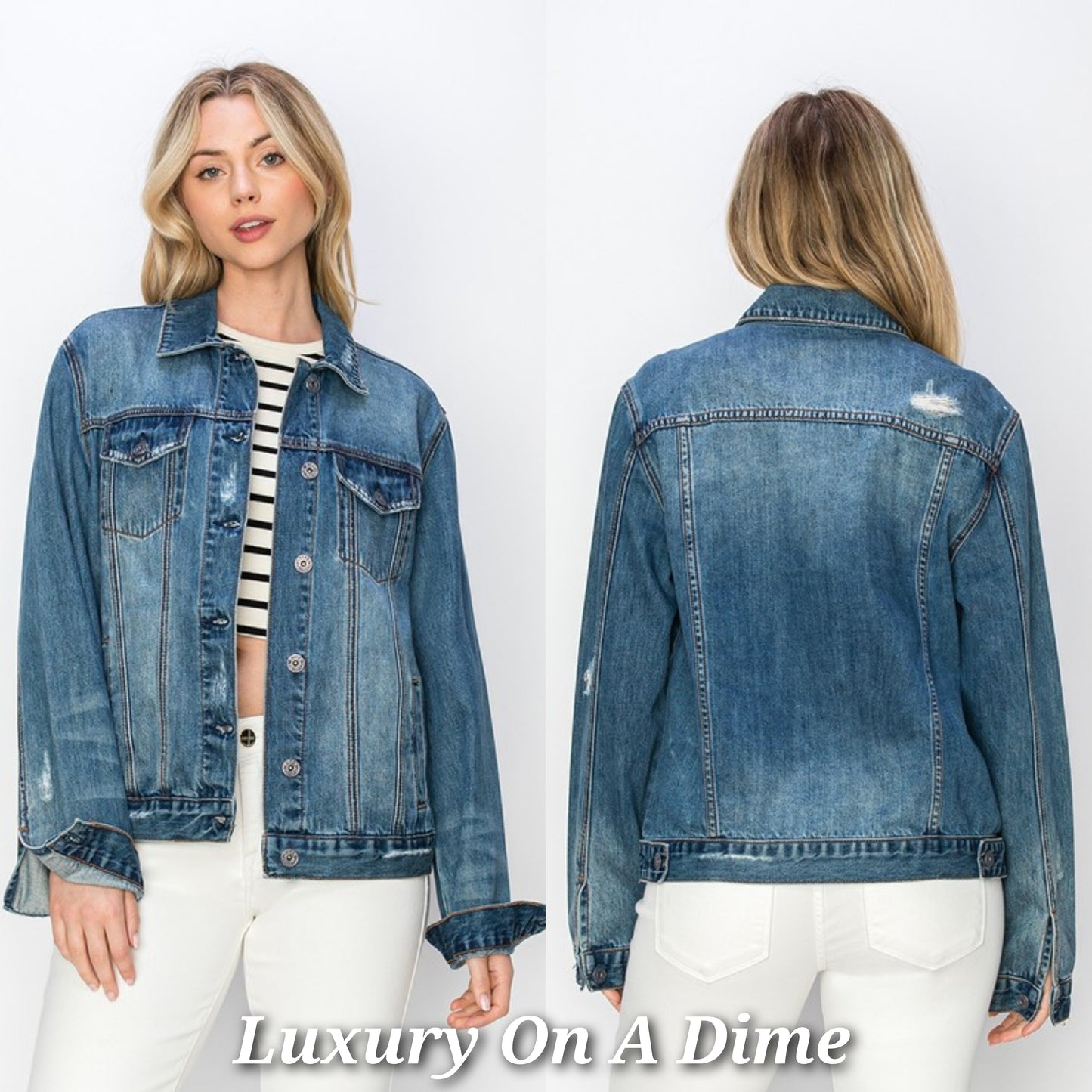 RISEN Distressed Cotton Denim Jacket Blue Jean Long Sleeve Button-up Collar Casual