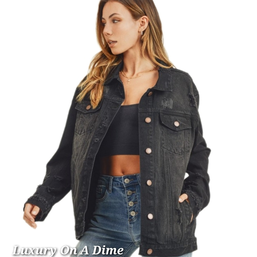 RISEN Distressed Cotton Denim Jean Jacket Long Sleeve Black Button-up Collar