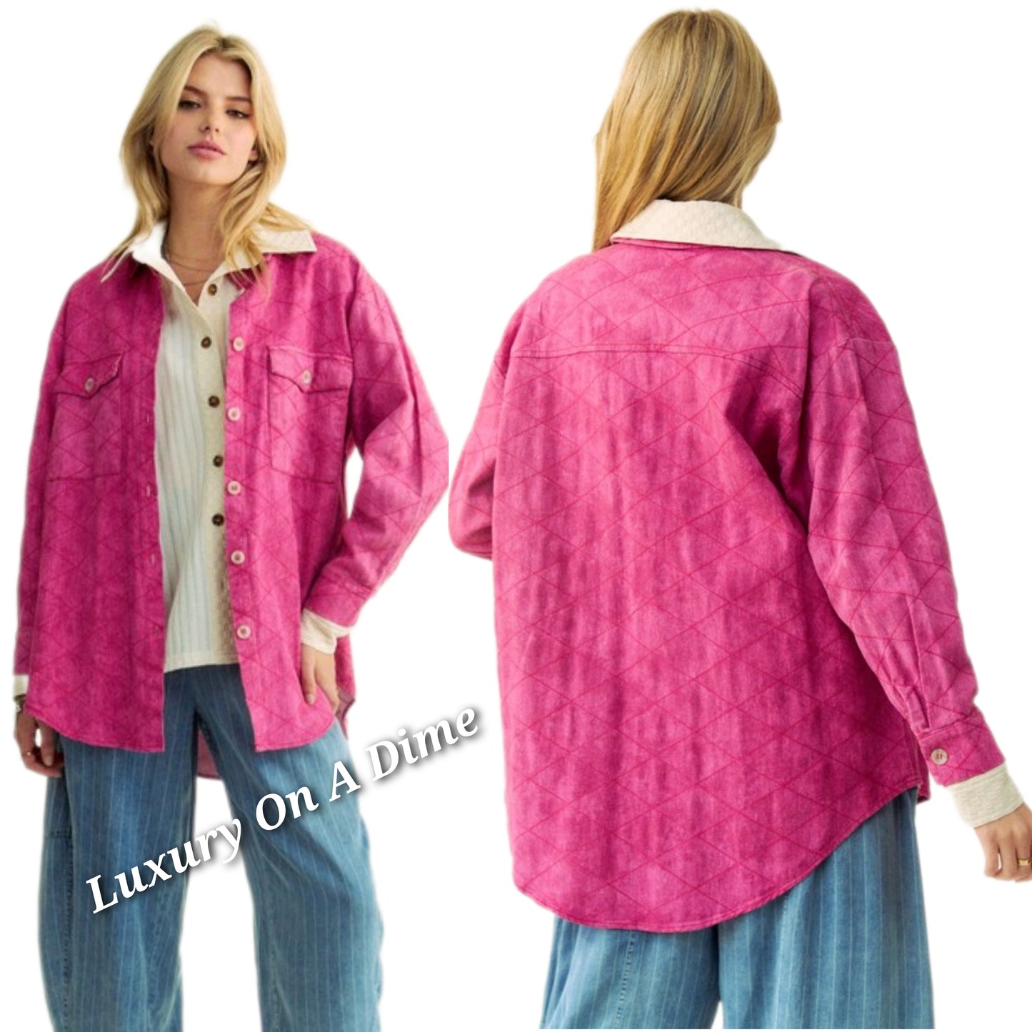 Davi & Dani Denim Shacket Diamond Quilt Stitching High Low Oversized Jean Shirt Jacket