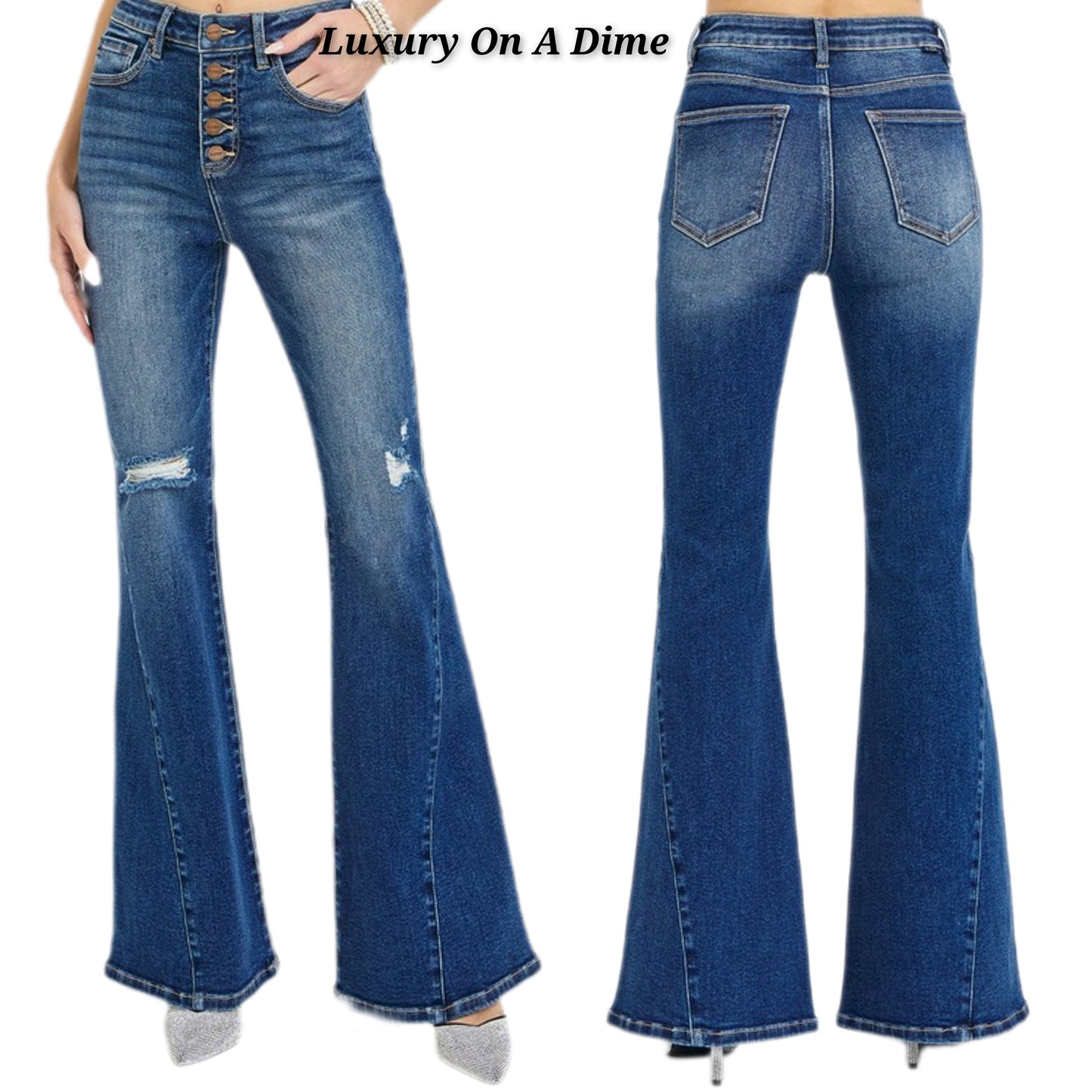 RISEN High-Rise Jeans Button Fly Flare Bell-Bottom Distressed Slim Fit Denim Pants