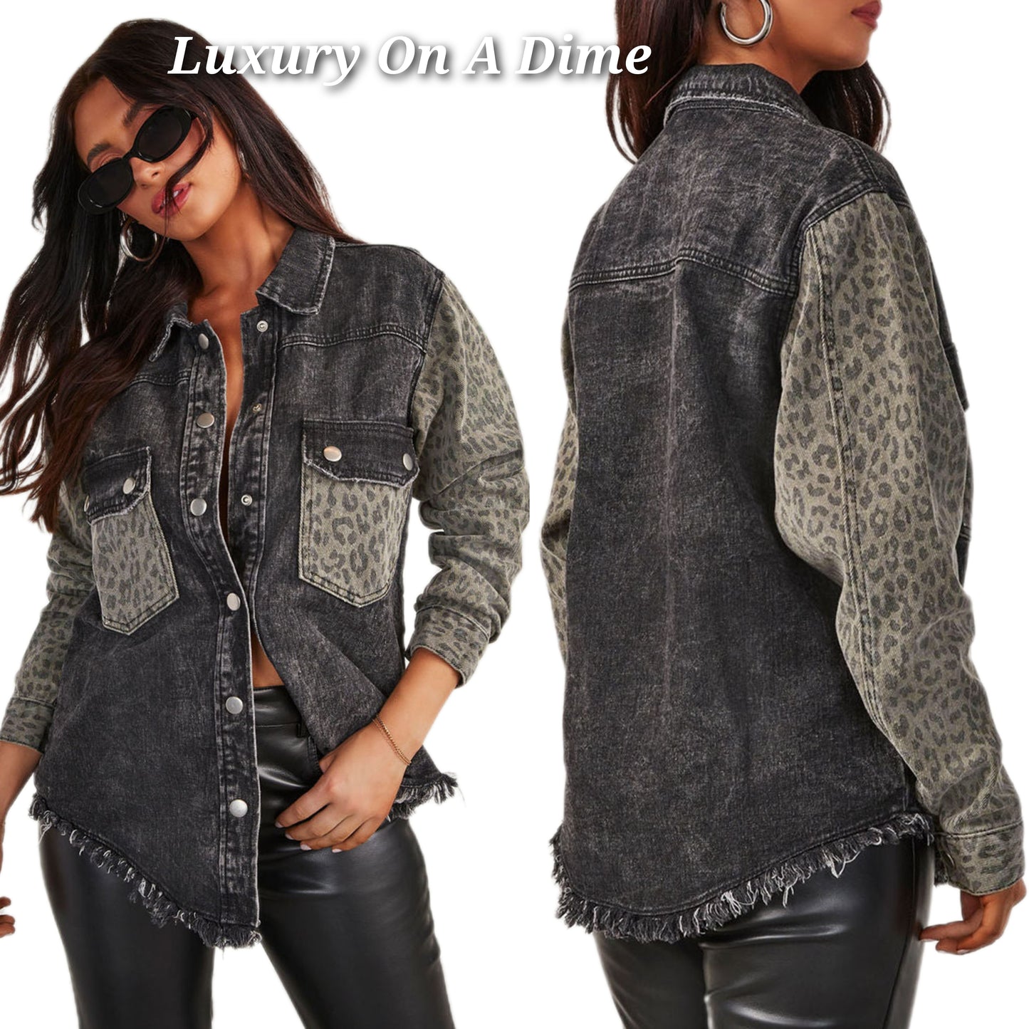 Leopard Denim Jacket Patchwork Collared Snap Front Distressed Frayed Hem Jean Shacket