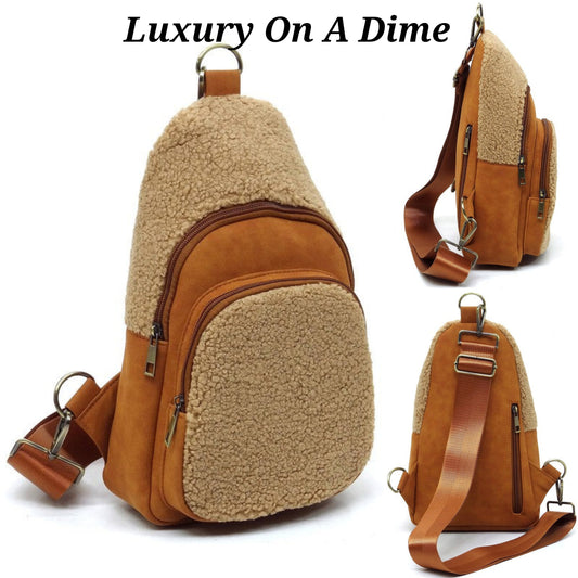 Teddy Fur Vegan Leather Crossbody Sling Shoulder Bag Convertible Wide Strap Purse