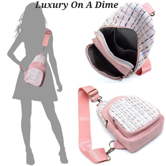 Tweed Retro Vegan Leather Crossbody Sling Shoulder Bag Convertible Wide Strap Purse