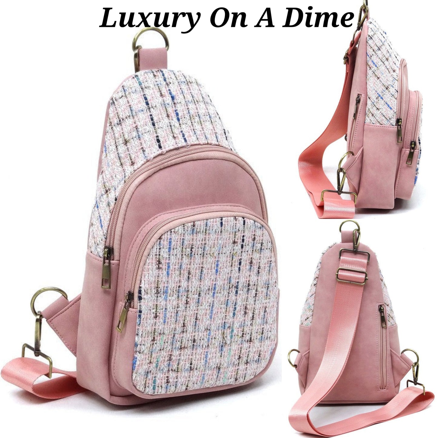 Tweed Retro Vegan Leather Crossbody Sling Shoulder Bag Convertible Wide Strap Purse