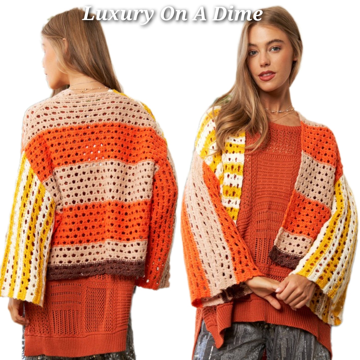 DAVI & DANI Retro Crochet Granny Knit Patch Contrasting Stripe Open Sweater Cardigan