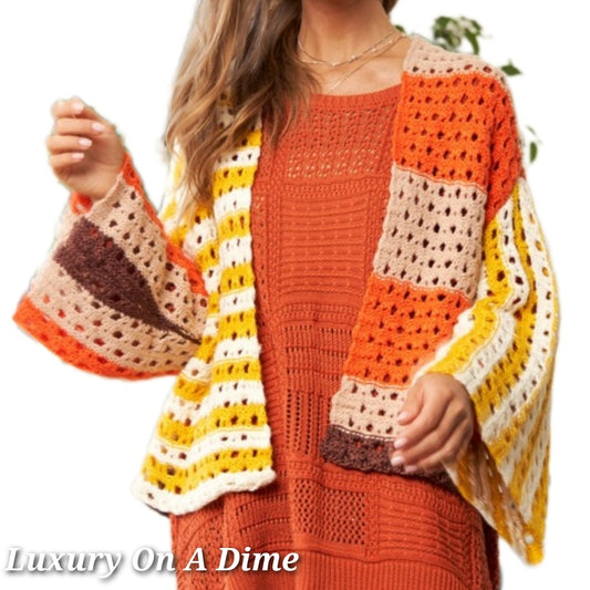 DAVI & DANI Retro Crochet Granny Knit Patch Contrasting Stripe Open Sweater Cardigan