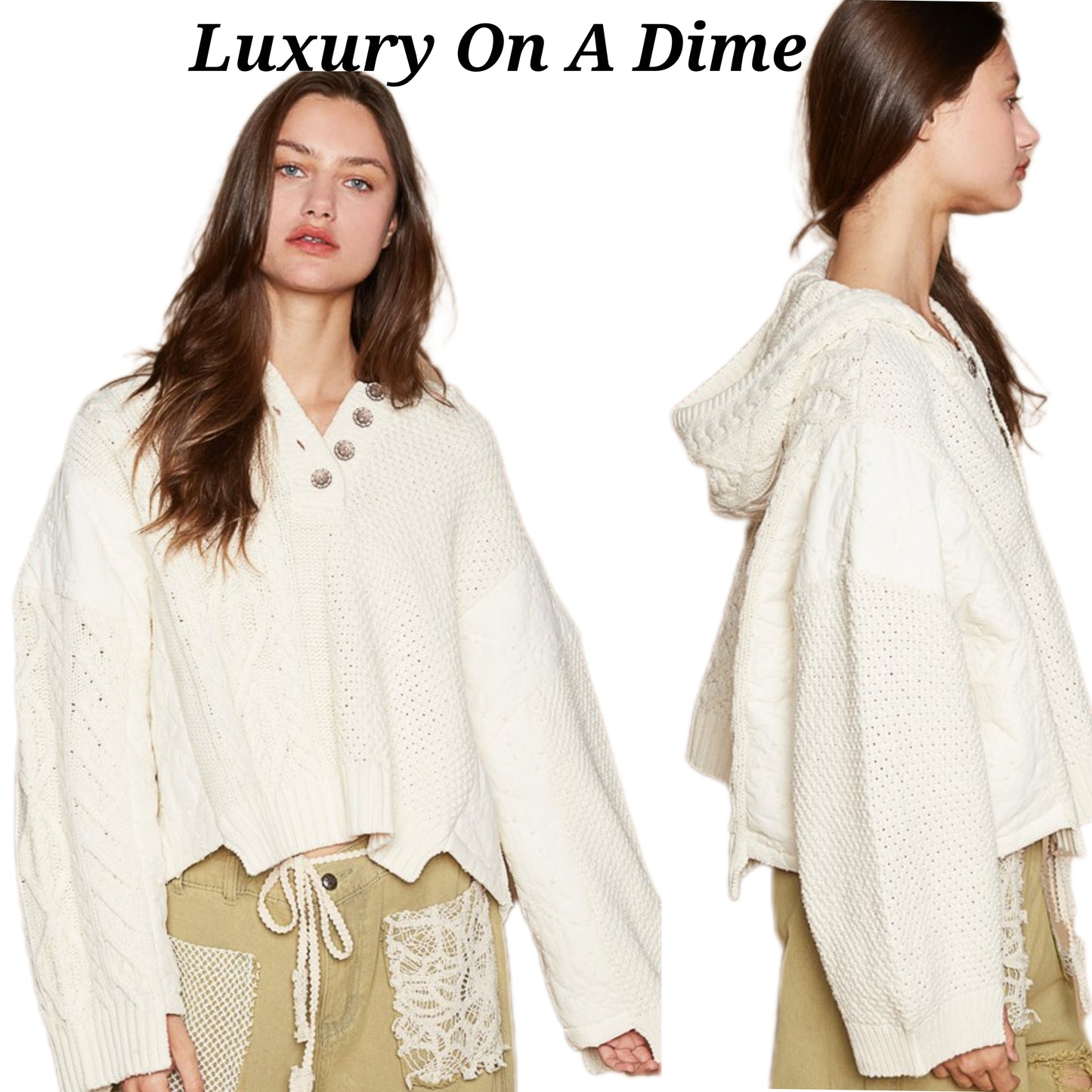 POL Hoodie Oversized Sweater Cable Knit Top Pullover Hippie Quarter Button Sweatshirt