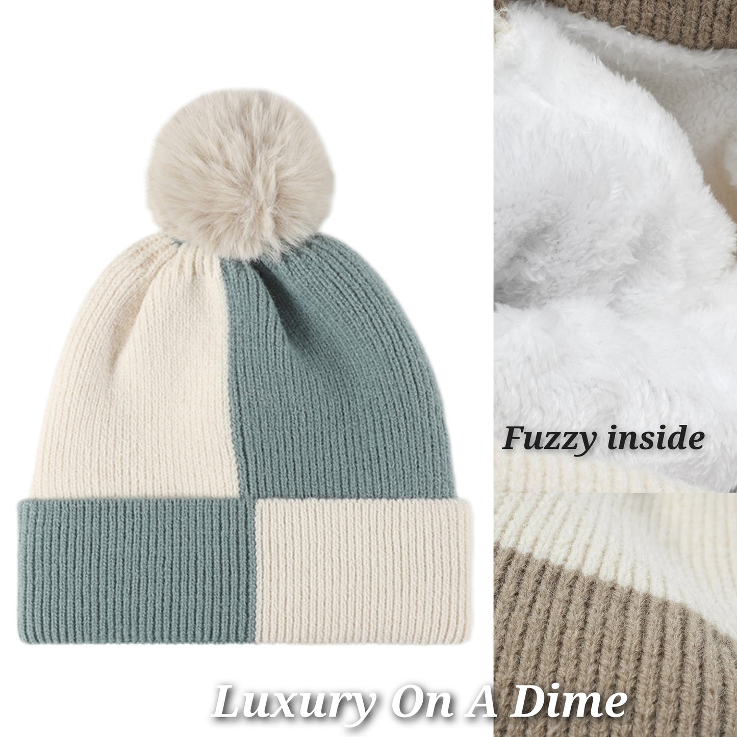 Faux Rabbit Fur Pom Pom Beanie Fuzzy insulation Checker Hat Ribbed Knit Winter Cap
