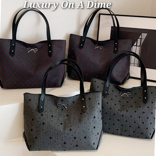 Large Purse Carry All Bow Tie Canvas Tote Shoulder Bag Polka-dot Open Handbag