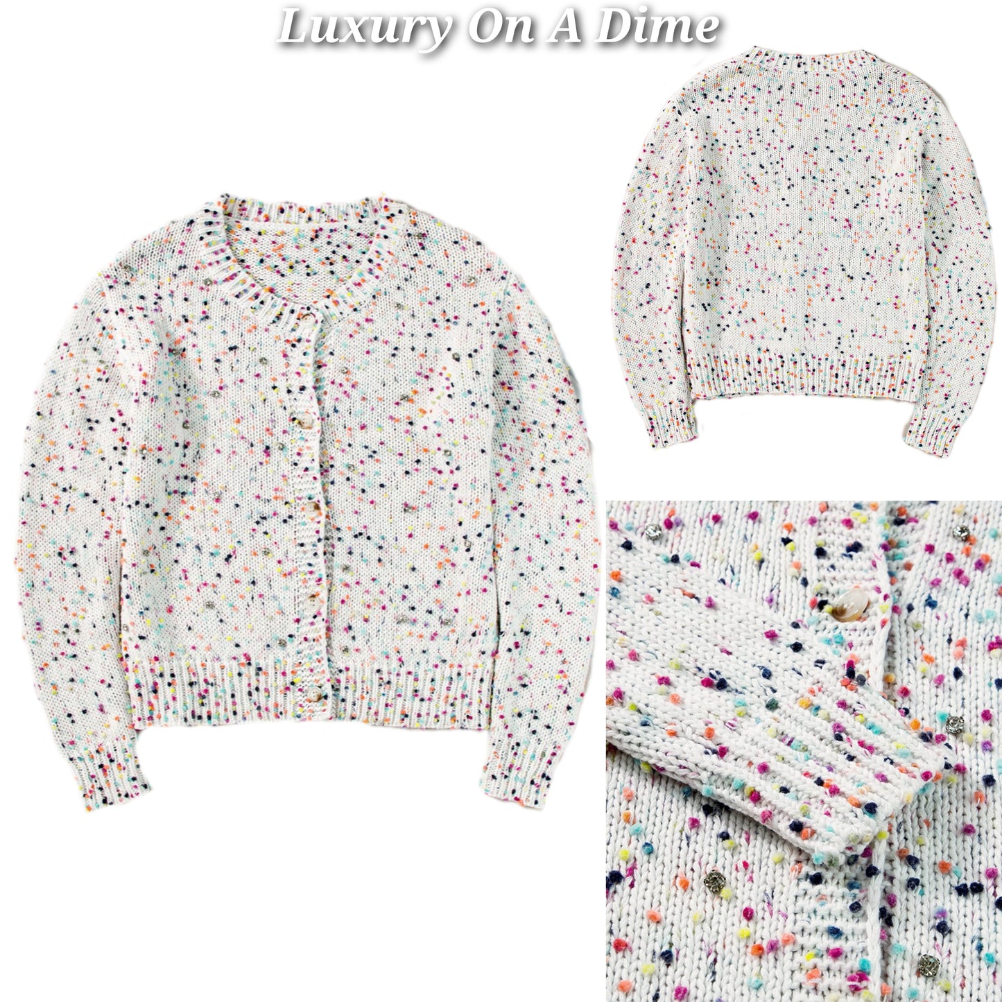 Colorful Popcorn Confetti Knit Cardigan Long Sleeve Round Neck Button-Up Sweater