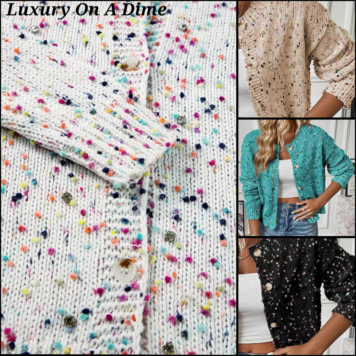Colorful Popcorn Confetti Knit Cardigan Long Sleeve Round Neck Button-Up Sweater
