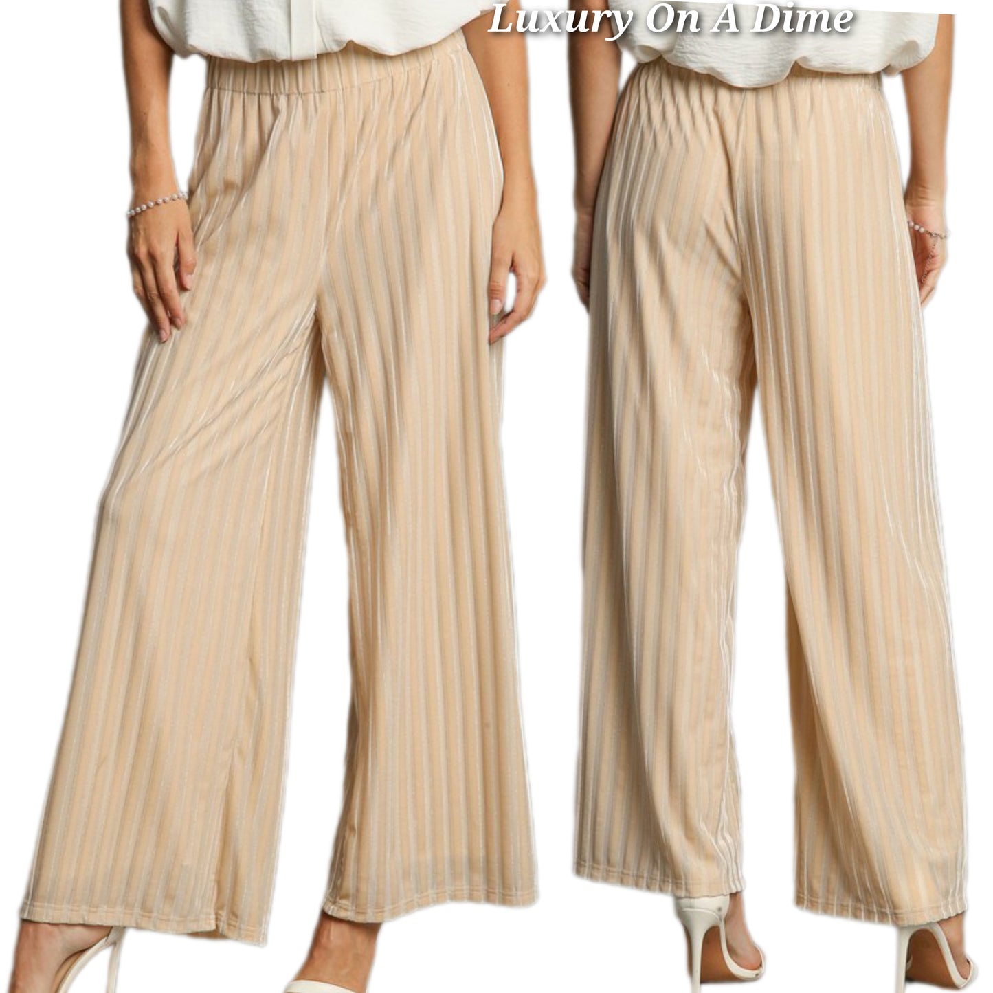 Umgee Velvet High-Rise Retro Pants Wide Leg Boho 70s Metallic Stripe Elastic Waist
