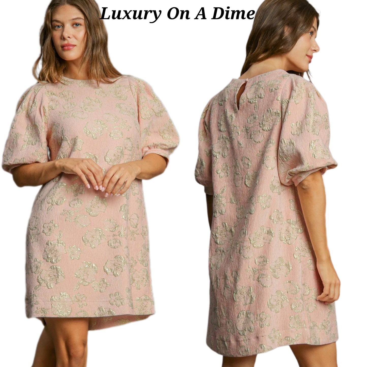 Umgee Rose Jacquard Puff Sleeve Sheath Mini Dress Textured Retro Gold Metallic Floral