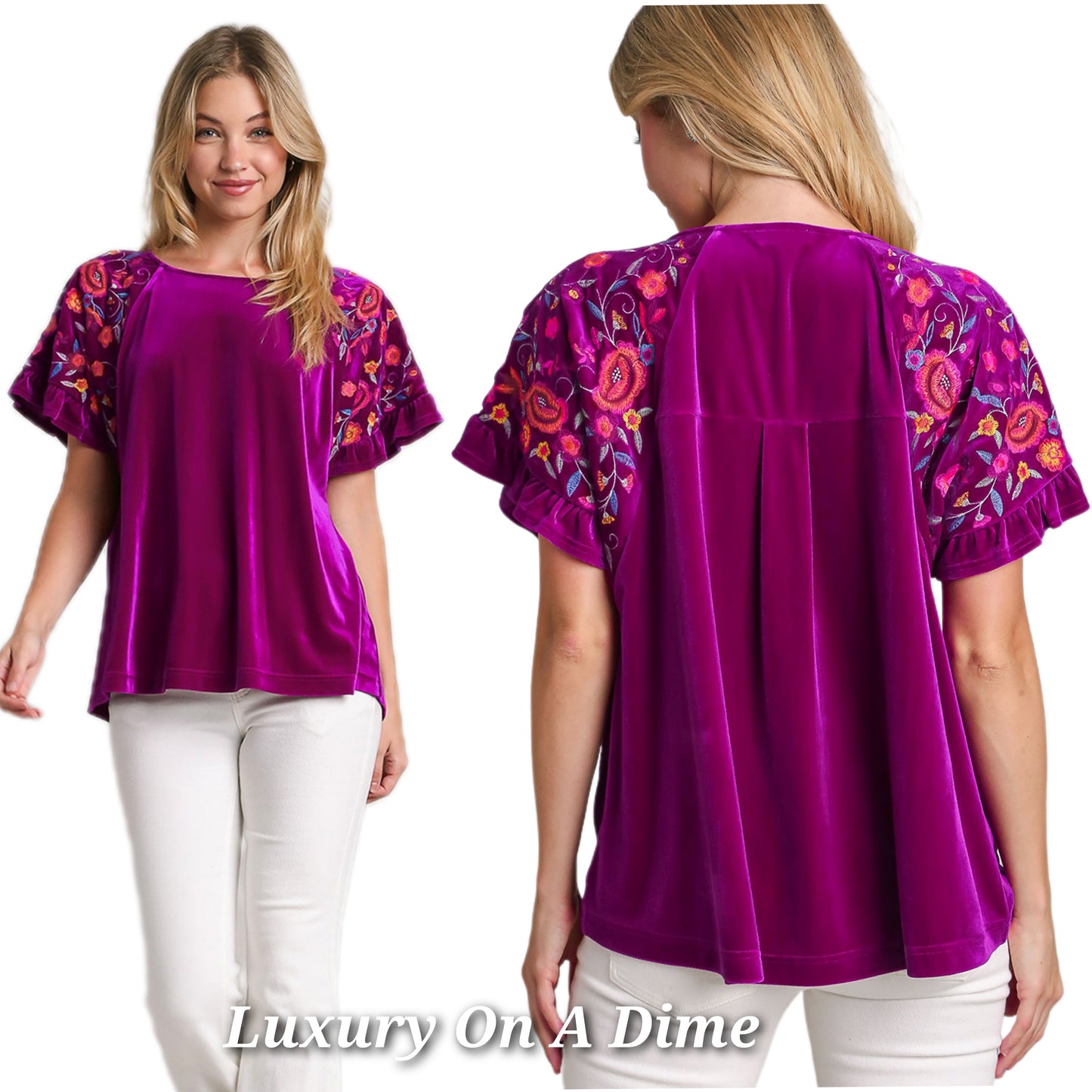 Umgee Velvet Embroidered Floral 70s Retro Shirt Ruffle Top Short Sleeve Blouse