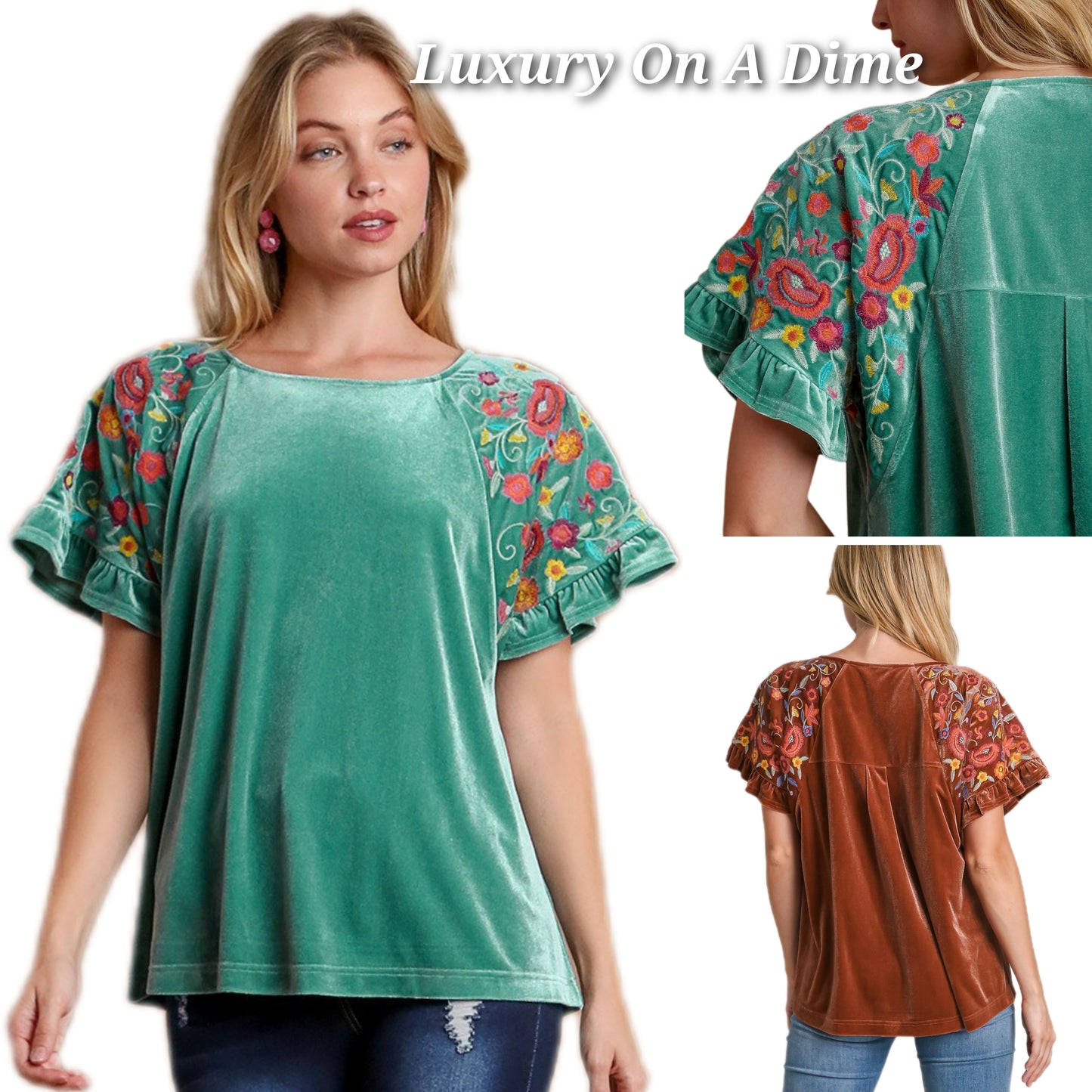 Umgee Velvet Embroidered Floral 70s Retro Shirt Ruffle Top Short Sleeve Blouse