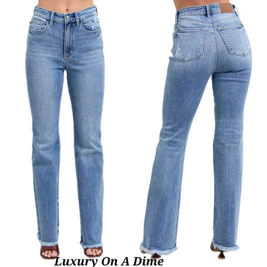 Judy Blue High-Rise Waist Bootcut Jeans Distressed Raw Hem Boyfriend Denim Pants
