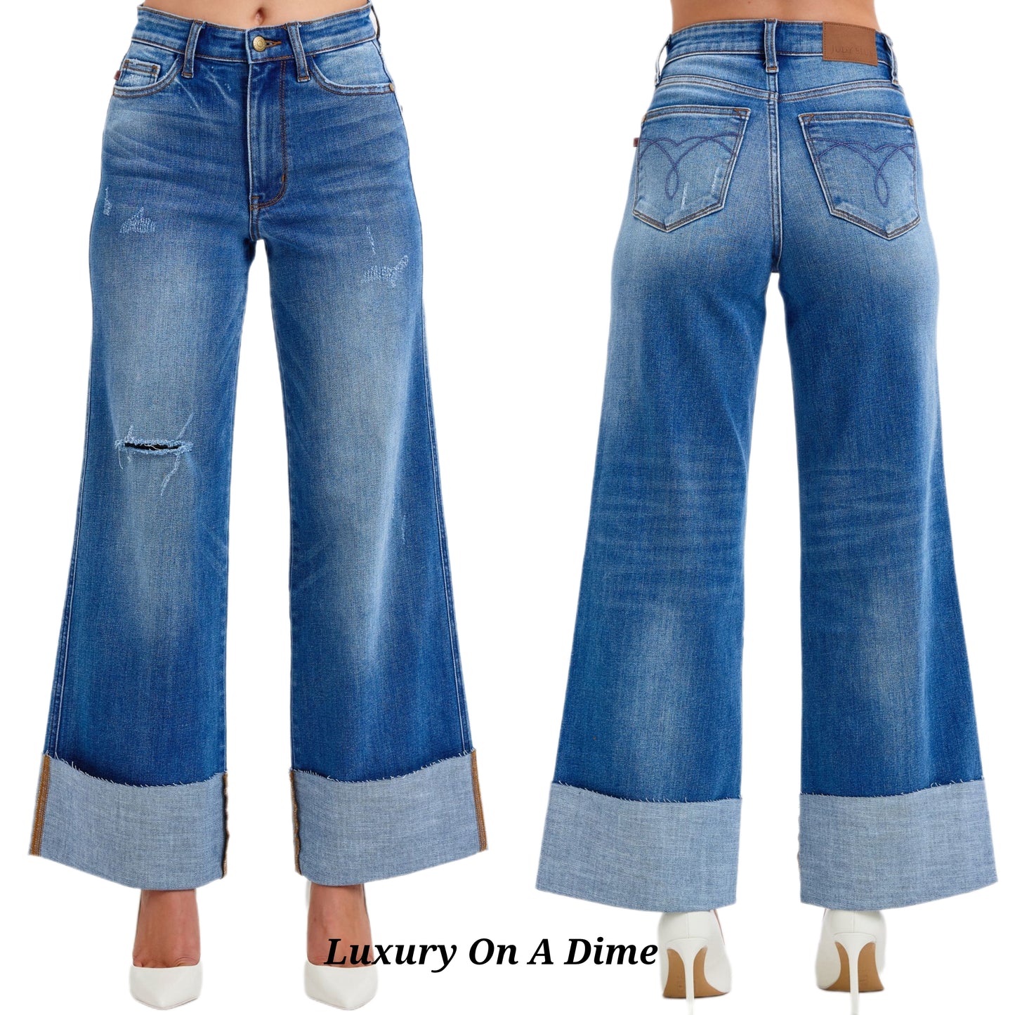 Judy Blue High-Rise Boyfriend Jeans Ultra Wide Leg Cuff Raw Hem Denim Pants