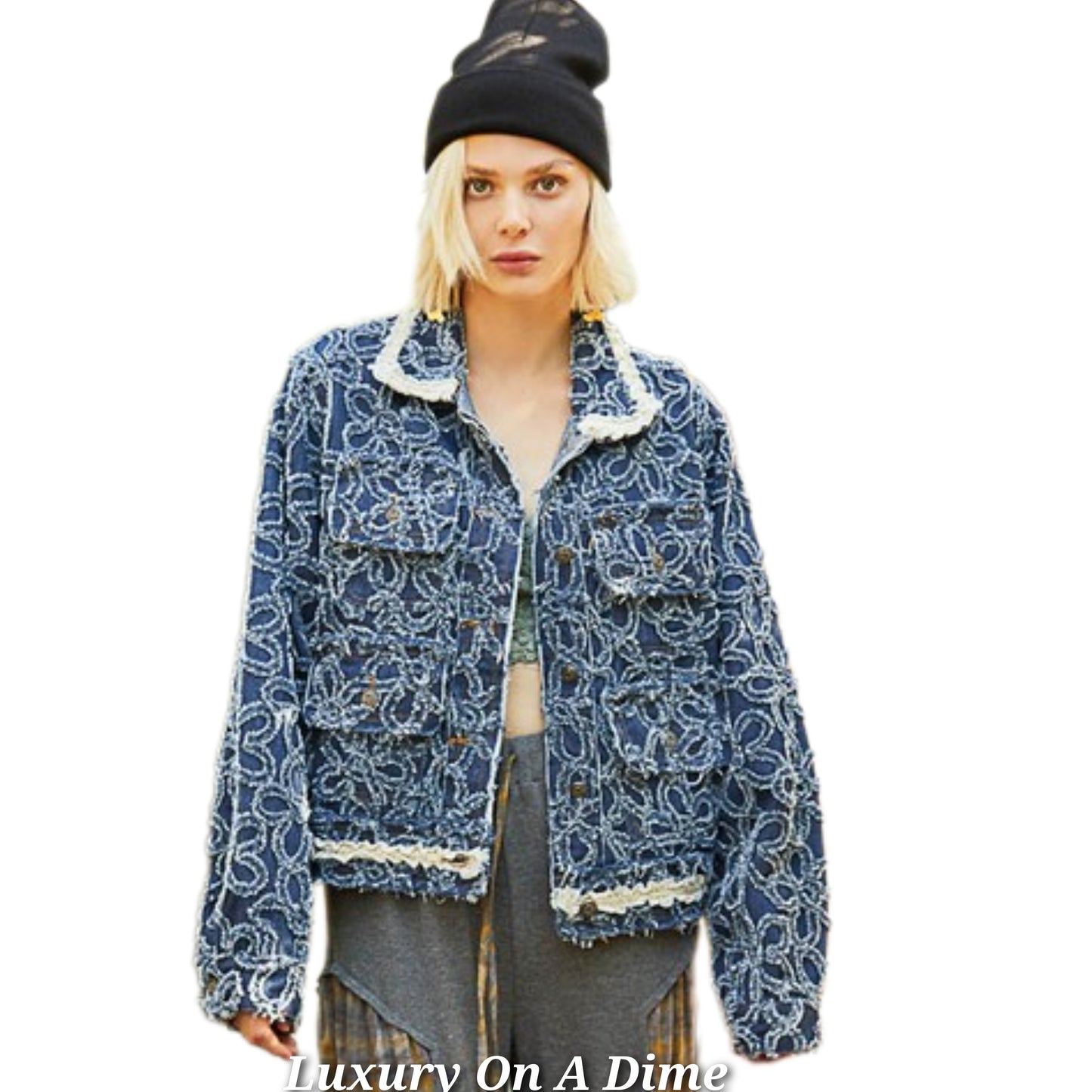 POL Flower Distressed Denim Lace Collar Frayed Large Pocket Button Cotton Jacket