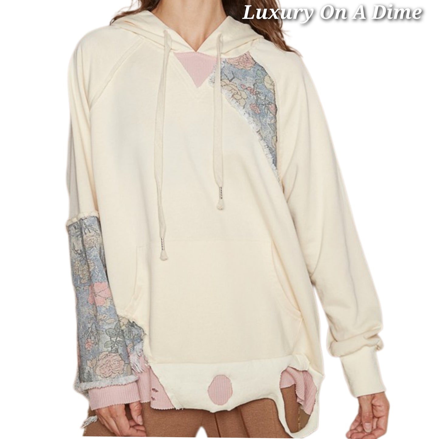 POL Hoodie Floral Contrast Patchwork Top Distressed Raw Exposed Seam Sweatshirt