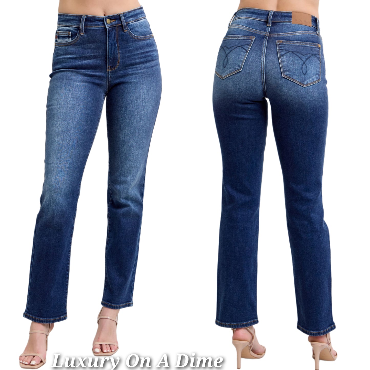Judy Blue Thermal High-Rise Straight Leg Slim Fit Embroidered Jeans Washed Denim Pants