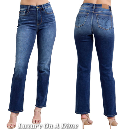 Judy Blue Thermal High-Rise Straight Leg Slim Fit Embroidered Jeans Washed Denim Pants