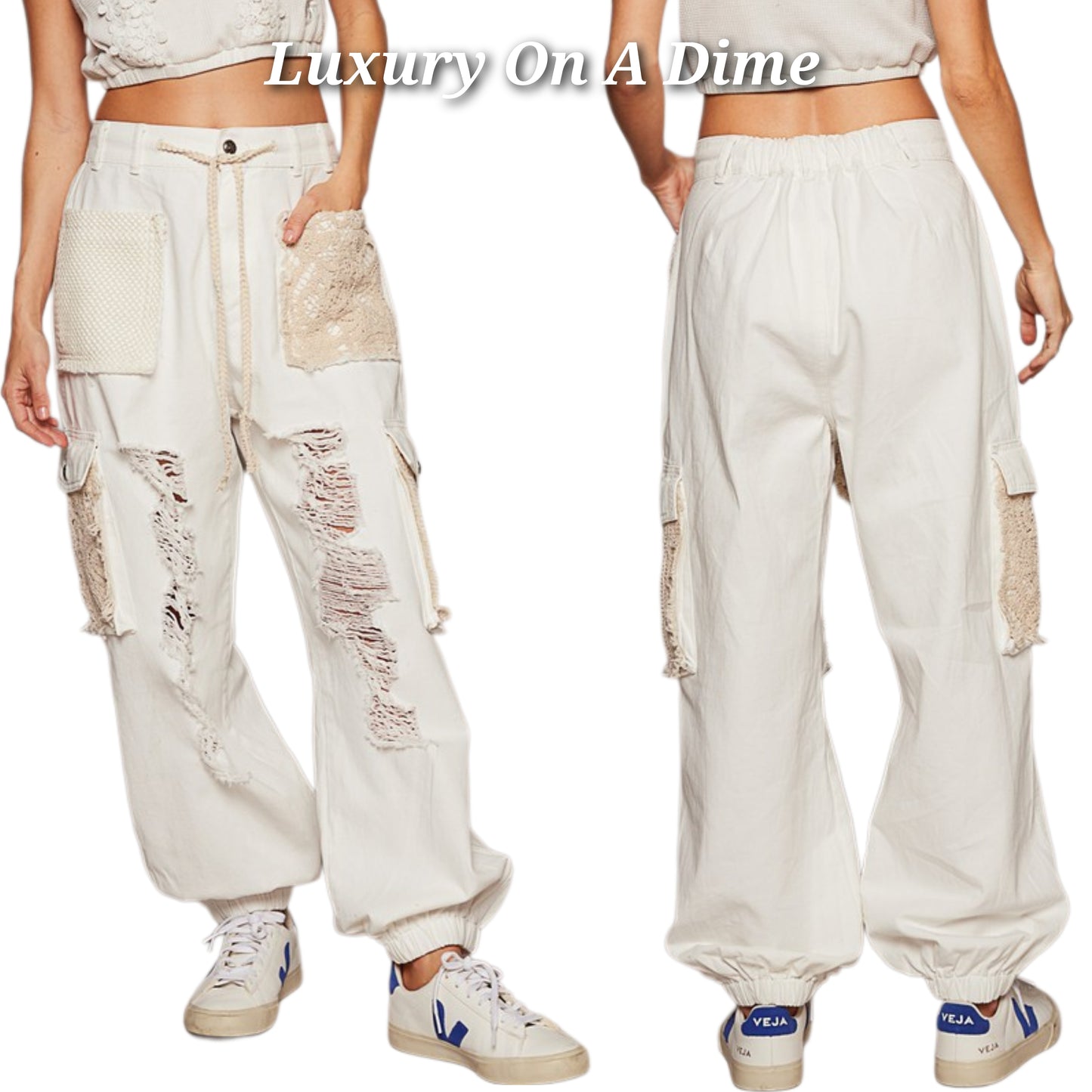 POL Lace Crochet Cargo Patchwork High-Rise Drawstring Wide Leg Ankle Jogger Pants