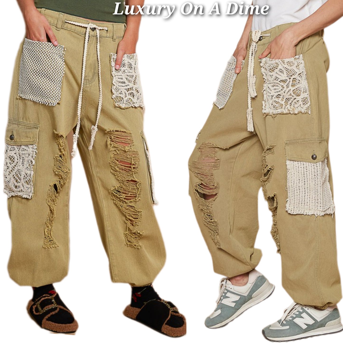 POL Lace Crochet Cargo Patchwork High-Rise Drawstring Wide Leg Ankle Jogger Pants