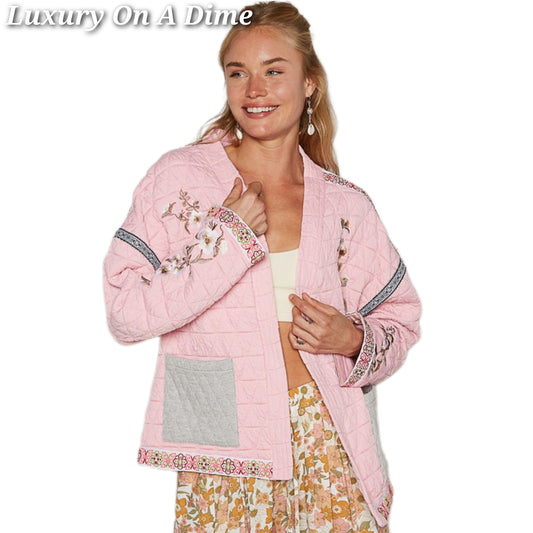 POL Quilted Granny Floral Embroidered Patchwork Oversized Pocket Bohemian Jacket