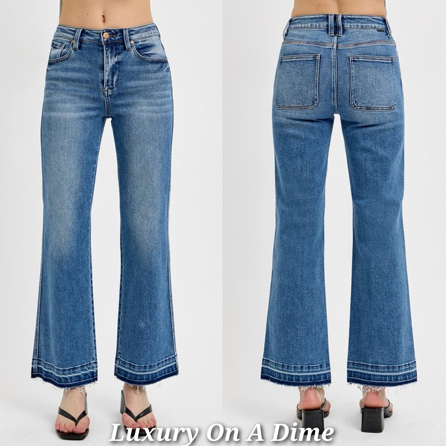 RISEN High-Rise Bootcut Ankle Cut Mom Jeans Relaesed Raw Hem Denim Pants