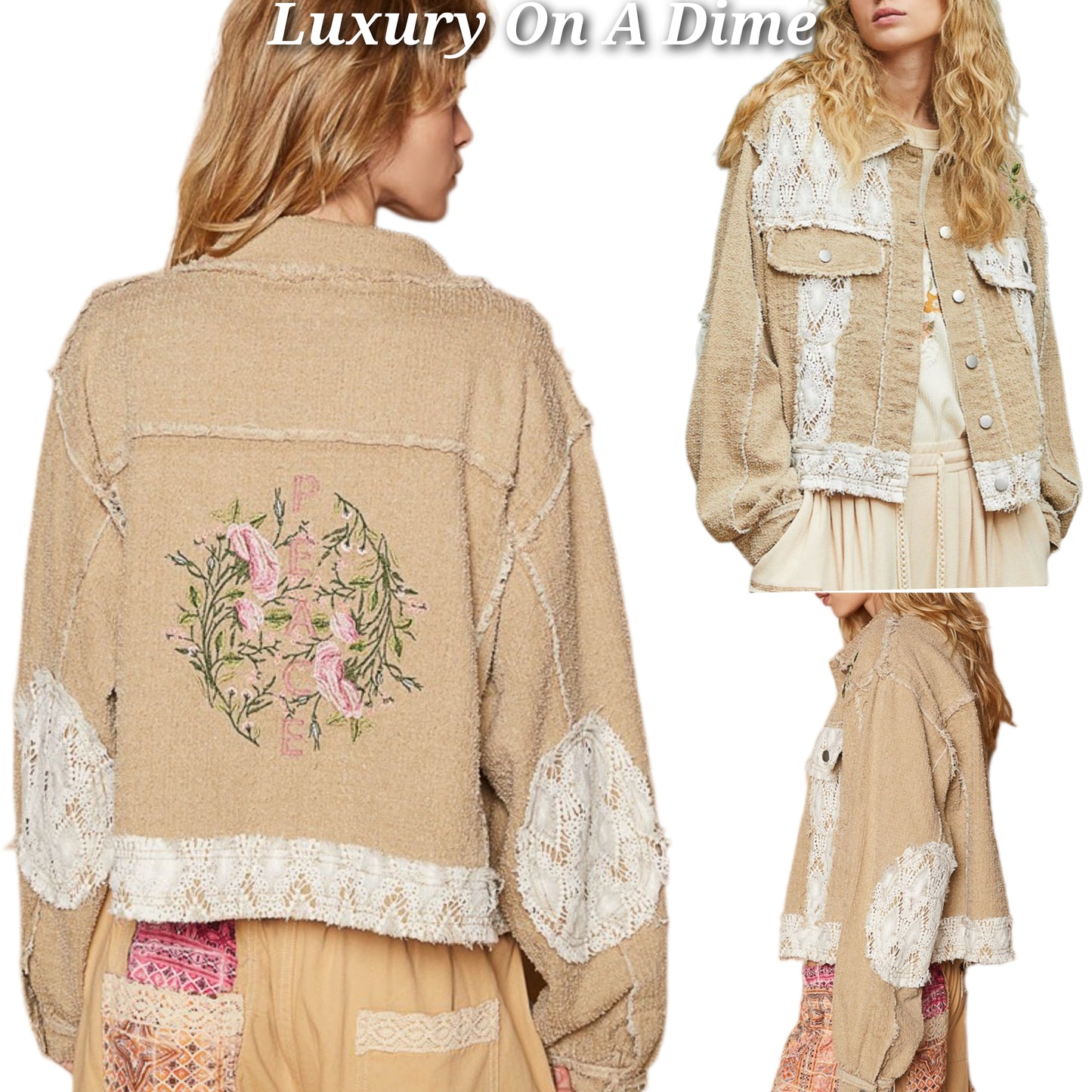 POL Peace Embroidered Floral Crochet Knit Frayed Patchwork Boho Button-up Jacket