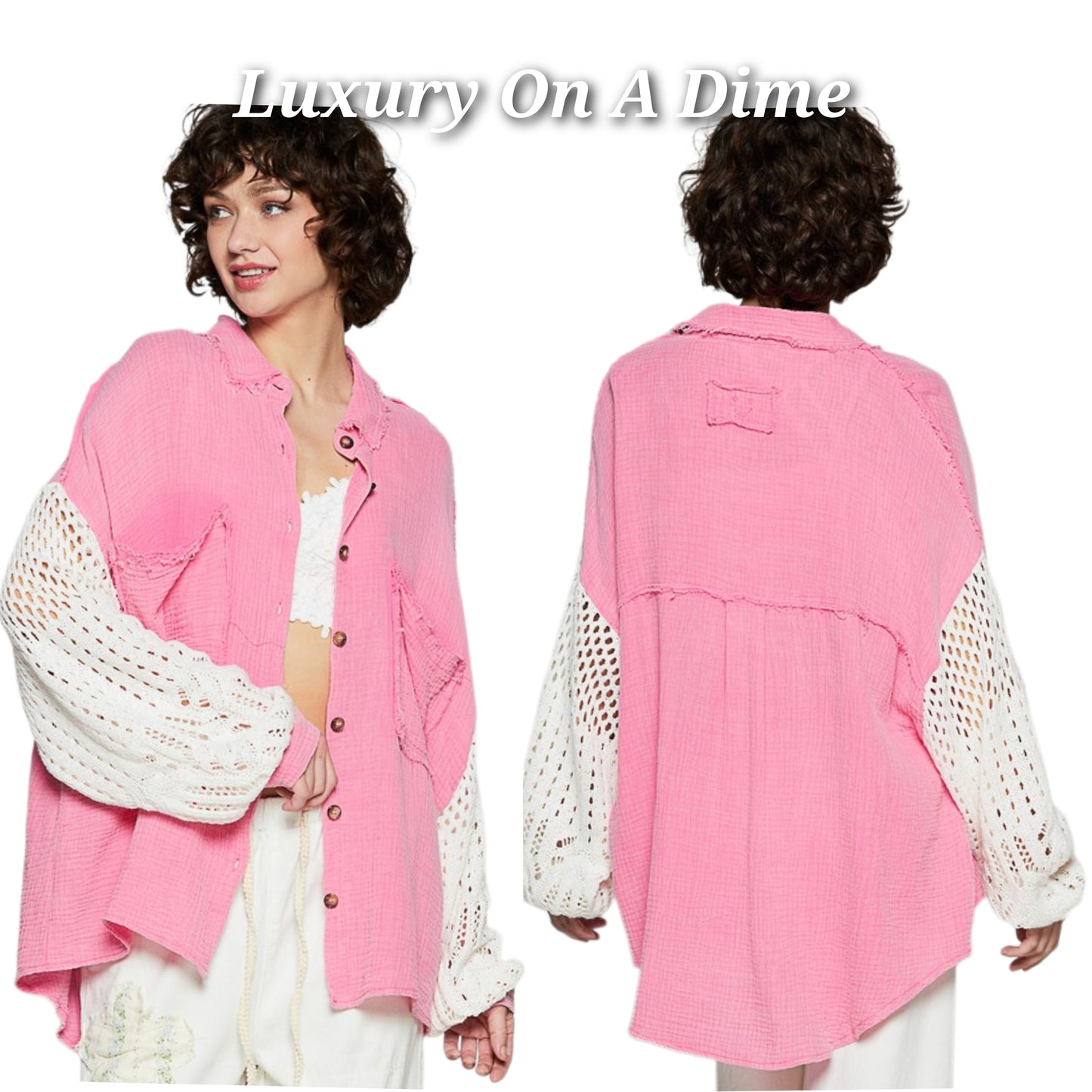 POL Crochet Patchwork Oversized Button-Up Blouse Long Sleeve High-low Gauze Shirt
